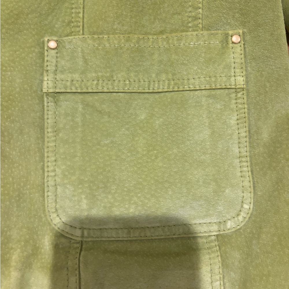 DAVID BROOKS LG AVOCADO GREEN SUEDE SHORT JACKET GOLD SNAPS ROLL UP CUFFS LINED - Picture 8 of 15